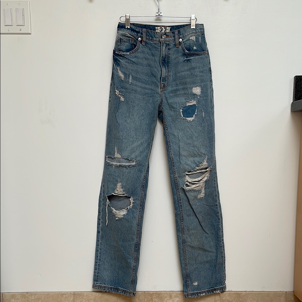 We The Free Blue Straight Leg Jeans with Distressed Details